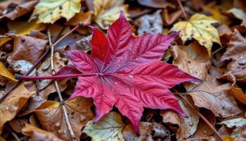 close up view of a red maple leaf with curled edges lying on a bed of wet autumn foliage. photo