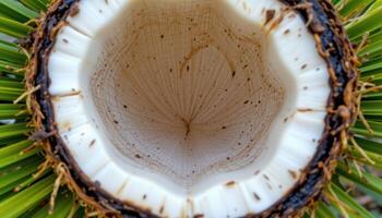 close up view of the fibrous interior of a coconut shell surrounded by palm fronds. photo