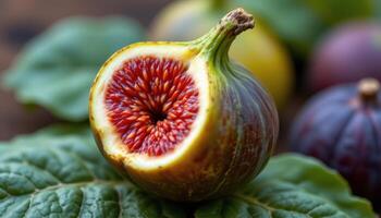 close up view of a ripe fig cracked open revealing its vivid red interior. photo