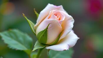 close up view of a budding rose, with tightly wound petals about to bloom. photo