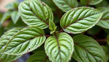 close up view of cinnamon basil leaves with their distinct serration and purplish stems. photo