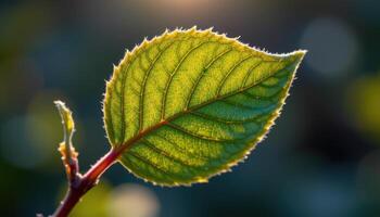 close up view of a young sapling leaf just unfurling with backlighting creating a glowing effect. photo