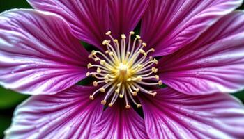 close up view of a clematis flower showing its layered petals and vivid central filaments. photo