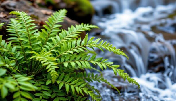 close up view of a lush fern growing beside a flowing stream with detailed leaflets. photo