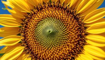 close up view of a sunflower's spiral seed pattern in full bloom under clear blue sky. photo