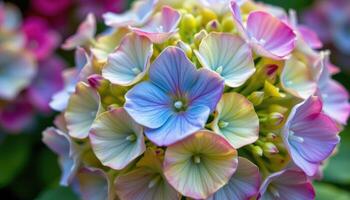 close up view of a hydrangea bloom transitioning from green to blue in early summer. photo