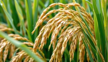 close up view of rice stalks bending under the weight of ripening grains. photo