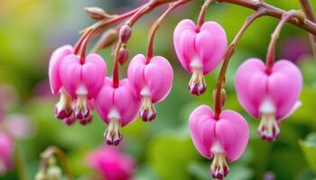 close up view of delicate pink bleeding heart flowers hanging in a perfect row. photo