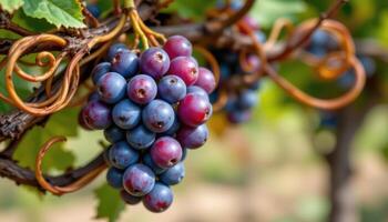 close up view of a bunch of grapes ripening on the vine surrounded by curling tendrils. photo