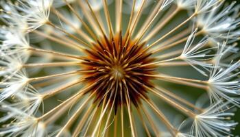 close up view of dandelion seeds ready to disperse, each hair like filament perfectly arranged. photo