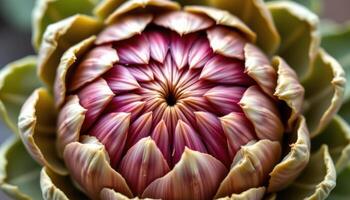 close up view of artichoke petals beginning to separate at the peak of maturity. photo