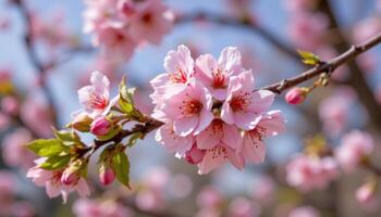 close up view of a flowering plum tree branch in mid spring with pink blossoms. photo