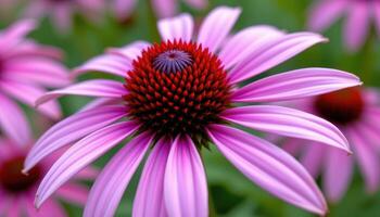 close up view of a flowering echinacea with a sharp central cone and purple petals. photo