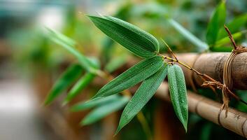 Glistening bamboo leaves with dew. Fresh bamboo leaves showcase delicate droplets, highlighting nature's beauty in a lush garden environment. photo
