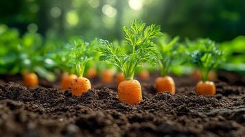 Vibrant carrots growing in rich soil. Fresh carrots emerge from dark soil, surrounded by bright green foliage under soft sunlight in a garden. photo