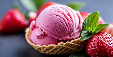 Strawberry ice cream in a cone. Strawberry ice cream in a waffle cone, topped with fresh strawberries and mint leaves, makes a delightful treat. photo
