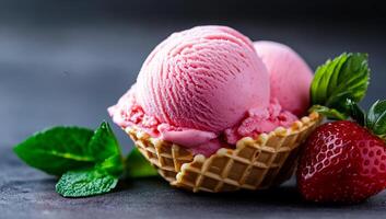 Yummy pink strawberry cone. Two scoops of pink strawberry ice cream sit in a waffle cone, accompanied by fresh mint leaves and a ripe strawberry. photo