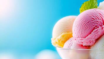 Colorful ice cream sundae in a bowl. A bowl of creamy ice cream scoops in various flavors sits against a bright blue background, perfect for summer. photo