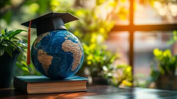 Globe and book honor learning. A globe sits on a book, topped with a graduation cap. photo