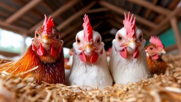 Chickens gathered in a barn setting. A group of colorful chickens stands on straw in a rustic barn, showcasing their vibrant plumage and curious expressions. photo