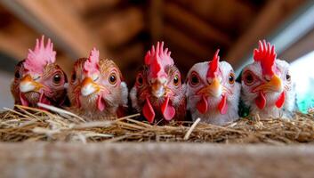 Chickens in a rustic barn. Six chickens with vibrant combs are peering over a wooden barrier in a barn, surrounded by straw. photo