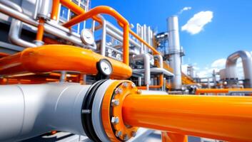 Colorful industrial pipeline system. Close-up view of a colorful pipeline system in an industrial area under a clear blue sky during daylight hours. photo
