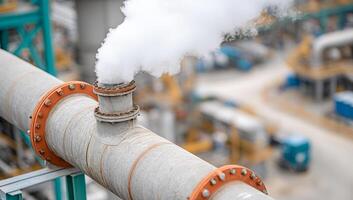Steam from industrial pipe. Steam rises from a large industrial pipe in a processing facility, highlighting ongoing operations in engineering. photo