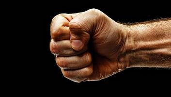 Fist clenched in strength. A close-up of a strong fist being clenched, symbolizing determination and resilience against a dark background. photo