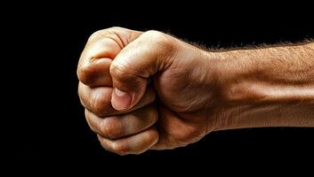Fist against dark backdrop. A close-up view of a clenched fist highlighting the hand's strength and tension against a black backdrop. photo