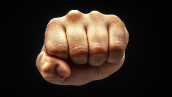 Fist raised in strength. A strong fist emerges from a dark background, symbolizing empowerment and resolve. The knuckles are well-defined. photo
