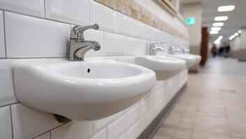 Modern restroom sinks in public setting. Clean and simple restroom sinks line the wall in a spacious public area with bright lighting. photo