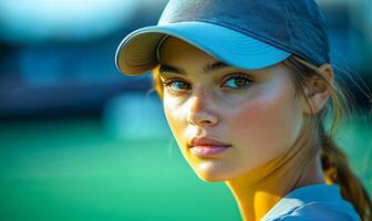 Close-up of a young athlete outdoors. A young woman with striking green eyes looks confidently while wearing a cap. photo
