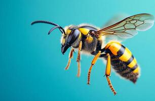 Bumblebee flying on blue. A bumblebee captures in mid-air, showcasing its yellow and black stripes, wings fluttering against a blue backdrop. photo