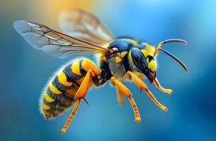 Close-up view of a buzzing bee in flight. A close-up of a bee mid-flight, highlighting its vibrant colors and intricate wings with a blurred backdrop. photo