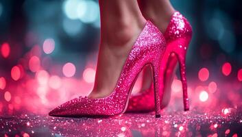 Pink heels on a shiny surface. Bright pink stiletto heels shine under soft lighting, reflecting glittery bokeh in the background. photo