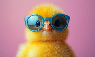 Cool yellow chick in shades. A fluffy yellow chick confidently wears stylish blue sunglasses against a soft pink background, exuding playful charm. photo