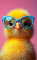 Cute yellow chick wearing blue glasses. A fluffy yellow chick with big blue glasses poses against a pink background, adding a playful vibe. photo