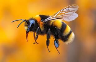 Bumblebee hovering near vibrant flowers. A colorful bumblebee hovers in mid-air, displaying its fuzzy body against a bright, warm background. photo