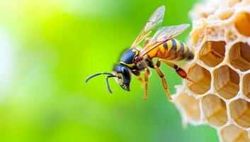 Close view of a bee on honeycomb. A bee collects nectar and interacts with a honeycomb on a sunny day, highlighting nature's intricate beauty. photo