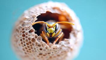 Close hornet encounter. A hornet emerges from its nest, showcasing intricate textures and vibrant colors, highlighting nature's wonders. photo