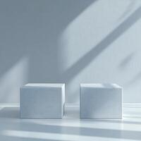 Empty podium and product pedestal showcasing minimalist design with stone cubic podiums ideal for cosmetics placement, creating inviting display space photo