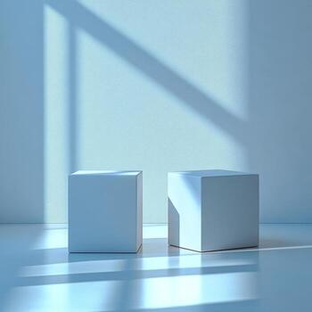 Empty podium and product pedestal mockup in bright minimalist setting ideal for showcasing cosmetics and promotional displays in modern retail environments under soft light photo