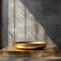 Elegant empty podium for product display, showcasing perfect pedestal for cosmetics, created with smooth golden finish, illuminated by soft natural light through window photo