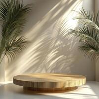 Empty podium for product presentation and display, designed as product pedestal showcasing elegance and simplicity in modern interior setting with natural light and greenery photo