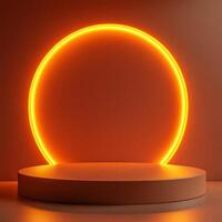 Empty podium for display purposes, featuring product pedestal illuminated by warm orange circular light against soft textured background photo