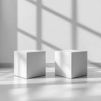 Empty podium and product pedestal showcase in spacious, modern room with natural light highlighting shadows on floor, perfect for cosmetics and display presentations photo