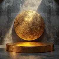 Empty podium and product pedestal display designed for cosmetics, showcasing elegant round structure with warm lighting and smooth surface for promotional events or presentations photo
