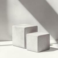 Empty podium on stone cubic product pedestal for showcasing cosmetics against soft light background, ideal for minimalistic display in modern retail space photo