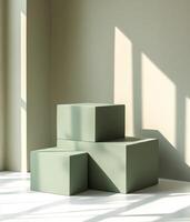 Empty podium and product pedestal showcase with minimalistic stone cubic podiums inviting creativity and elegance for displaying cosmetics or other items in contemporary spaces photo