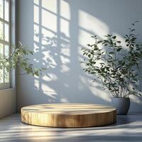 Elegant empty podium serves as product pedestal in tranquil setting surrounded by natural light and greenery, creating perfect display space for cosmetics and promotional items photo